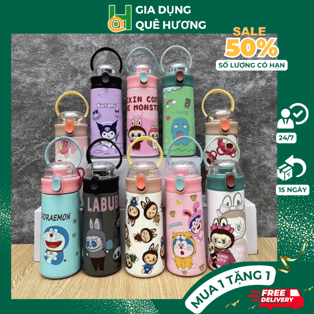 Bình Giữ Nhiệt Cute Kèm Ống Hút Bình Nước Giữ Nhiệt Ly Giữ Nhiệt Gấu Dâu Dung Tích 500ML M181