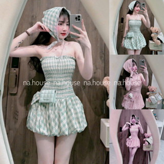 Đầm cúp ngực váy bí kèm khăn turban đi chơi đi biển Nahouse váy kẻ caro xanh hồng thiết kế đẹp xinh xắn xịn sang trọng