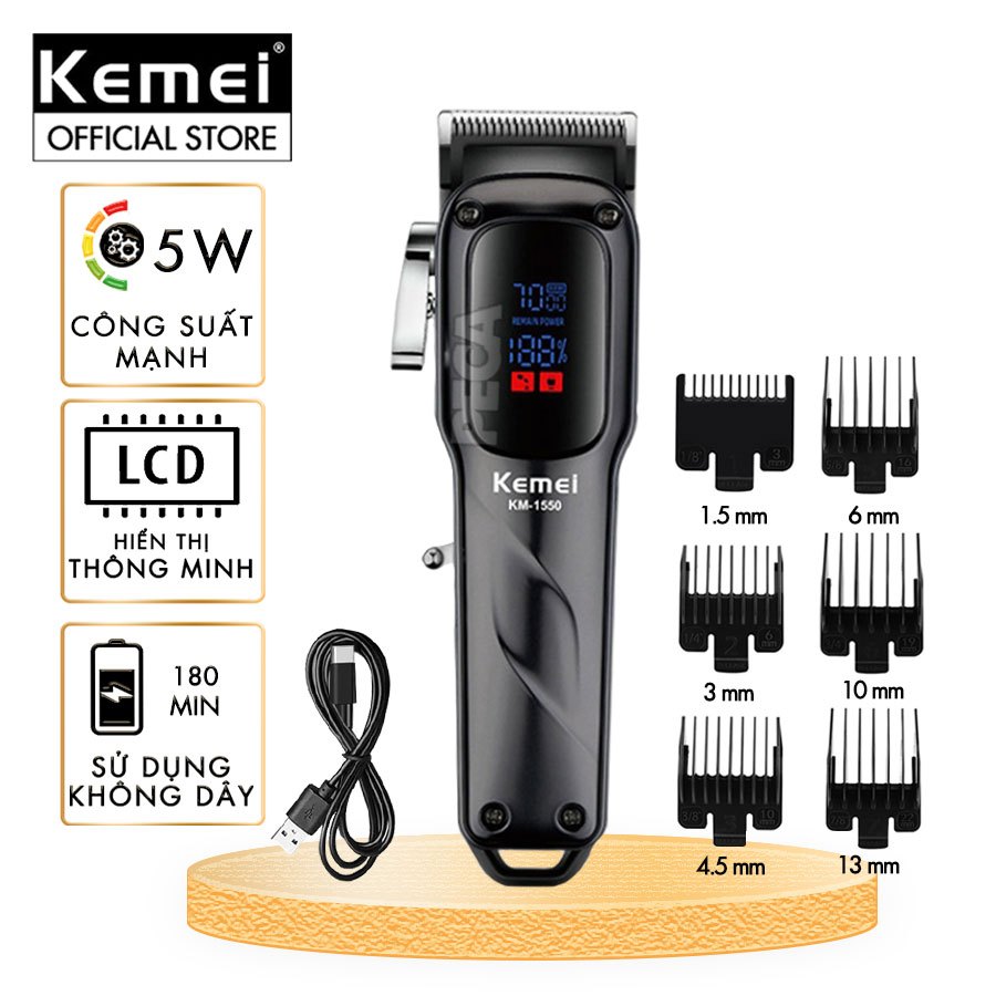 Tông đơ cắt tóc chuyên nghiệp Kemei KM-1550 cống suất mạnh 5W màn hình LCD sạc nhanh USB type C tiện lợi - Chính hãng