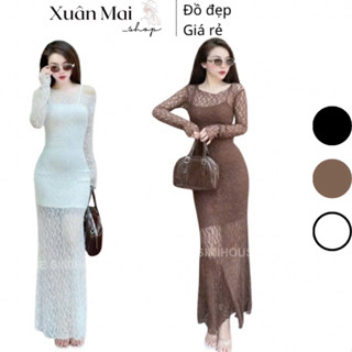 Set đầm lưới ren 2 món đầm lưới tay dài kèm đầm 2 dây bên trong đen nâu trắng đi chơi đi tiệc xuanmaishop12
