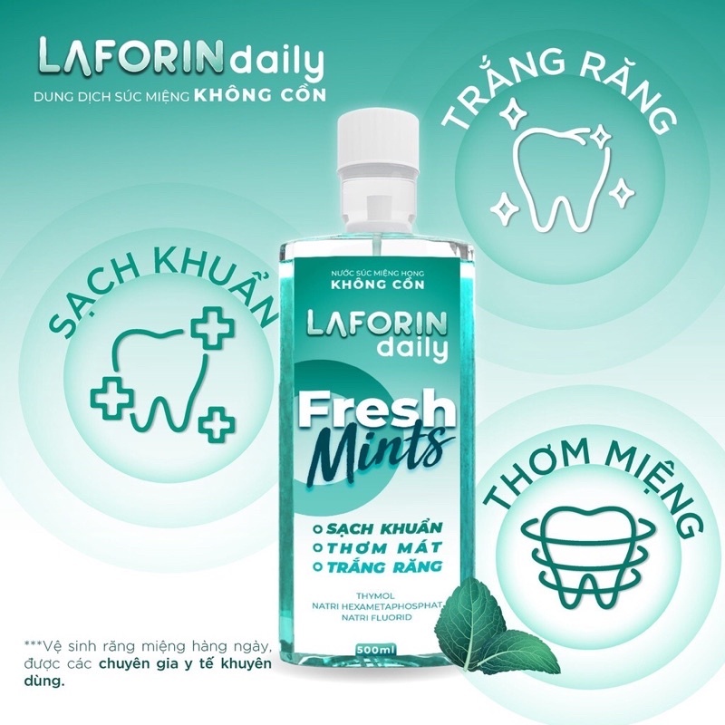 Nước súc miệng, súc họng không cồn Laforin Daily giúp thơm miệng, trắng răng, sạch khuẩn - Chai 500m