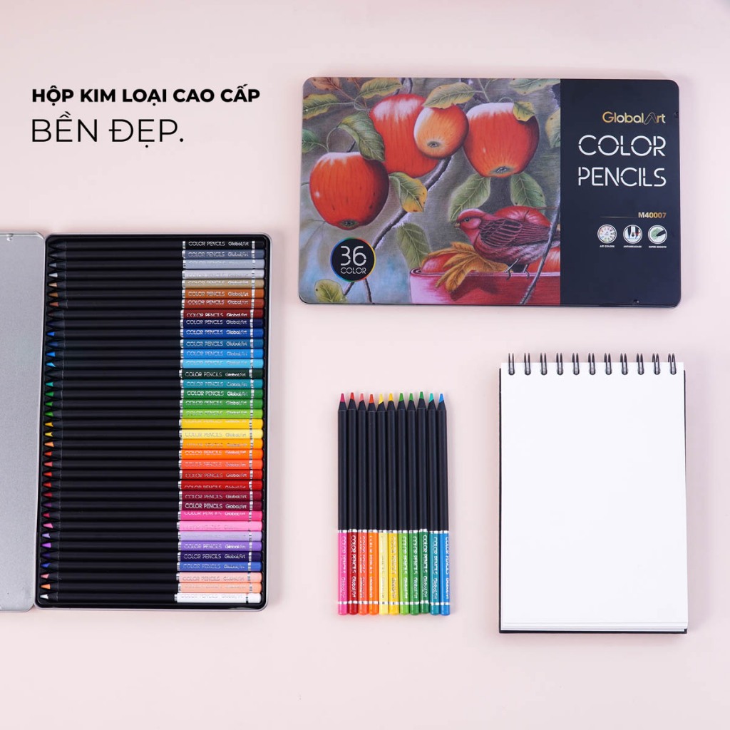 Bộ Chì Màu Gốc Dầu Cao Cấp 36 Màu Global Art Đựng Hộp Thiếc, Chì Màu Đậm Mịn Phác Họa Vẽ Tranh Chuyê
