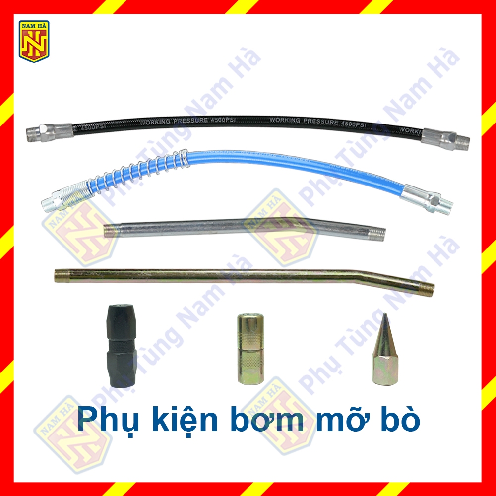 Phụ kiện dùng bơm mỡ bò, đầu bơm mỡ chụp đầu bằng, đầu bơm mỡ nhọn, dây bơm mỡ mềm có lò xo, vòi bơm