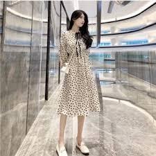 Đầm Chấm Bi Tay Bồng Cột Nơ Dáng Dài