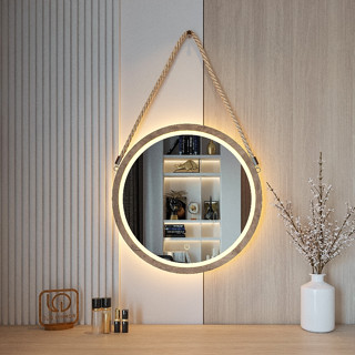 Gương Tròn Treo Tường Viền Gỗ Dây Thừng Có Led Cảm Ứng 3 Màu Tiện Lợi Neonchill97 GDT01