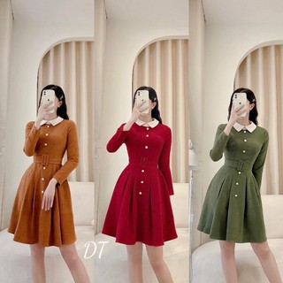 Đầm Nhung Tăm Cúc Bọc Phối Kèm Đai Màu Xanh Rêu