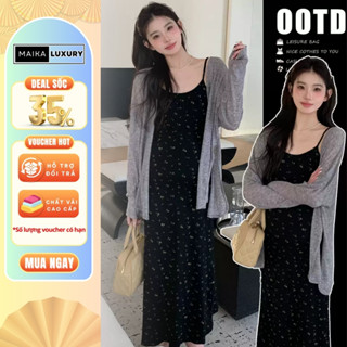 Set Váy Bầu Mùa Đông Kèm Áo Cardigan Dáng Suông Dài Hoa Nhí Đi Công Sở Mẫu Mới Trend 2025 MAIKA