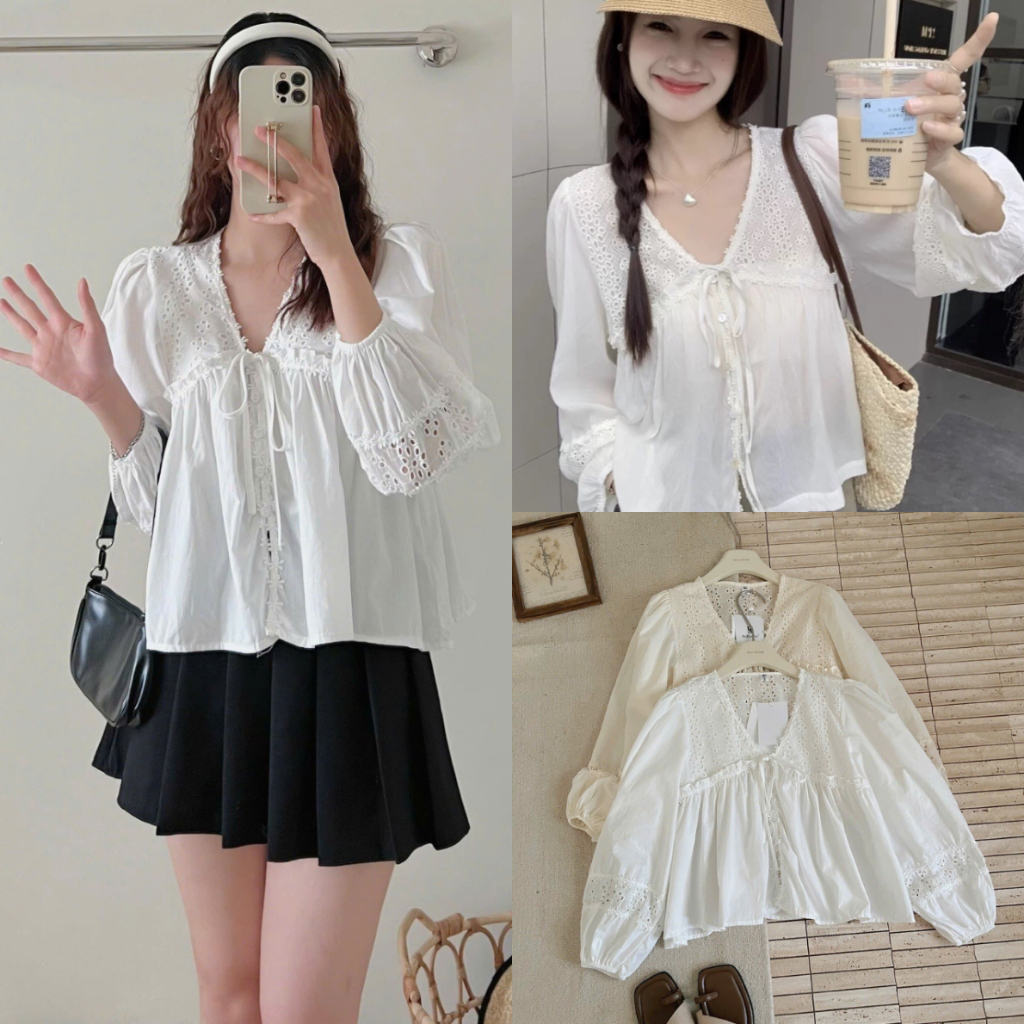 Áo Sơ Mi Kiểu Thêu Hoa Viền Bèo Dáng Babydoll Tay Phồng Thắt Nơ Xinh Xắn, Labibi