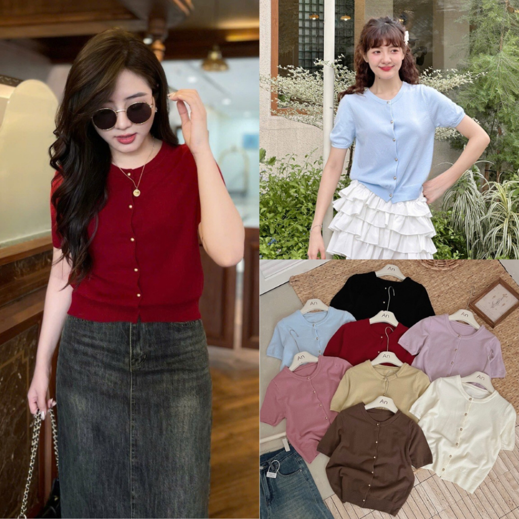 Áo Len Ngắn Tay Cổ Tròn Phối Cúc Đồng Nhiều Màu Siêu Xinh, Labibi