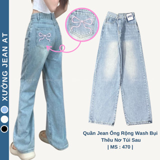 Quần Jean Nữ Ống Rộng Wash Bụi Thêu Nơ Túi Sau Phong Cách Hàn Quốc Cực Xinh 522 470