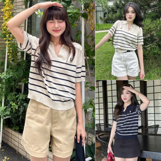 Áo len mongtoghi CỔ POLO Xẻ V áo kiểu nữ thiết kế tay ngắn thêu ngựa trẻ trung năng động hàng QCCC A460-PANOSI