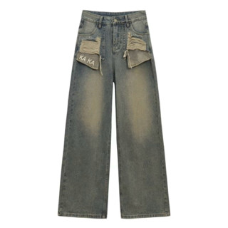Quần bò jeans nữ ống rộng phối túi thêu chữ kaka quần bò denim ống rộng suông cạp cao hách dáng
