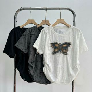 Áo thun kiểu Bigsize Nữ 50-95kg vải xược co giãn đính họa tiết xinh cổ tròn tay ngắn nhún eo - A249