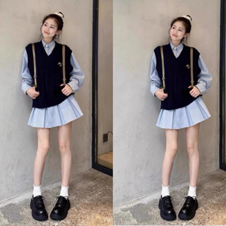 [S2.968] Set Váy Sơmi Kẻ Chân Xếp Ly Kèm Áo Gile Len Rời Siêu Xinh (kèm ảnh thật)