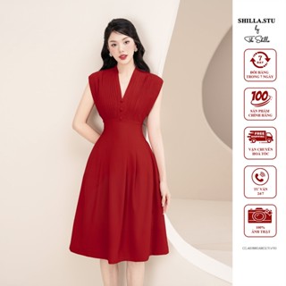 Váy đầm thiết kế màu đỏ xếp li phần ngực, cổ tim sang trọng [ Ảnh thật ] The Shilla-CG.A51B80.68D2