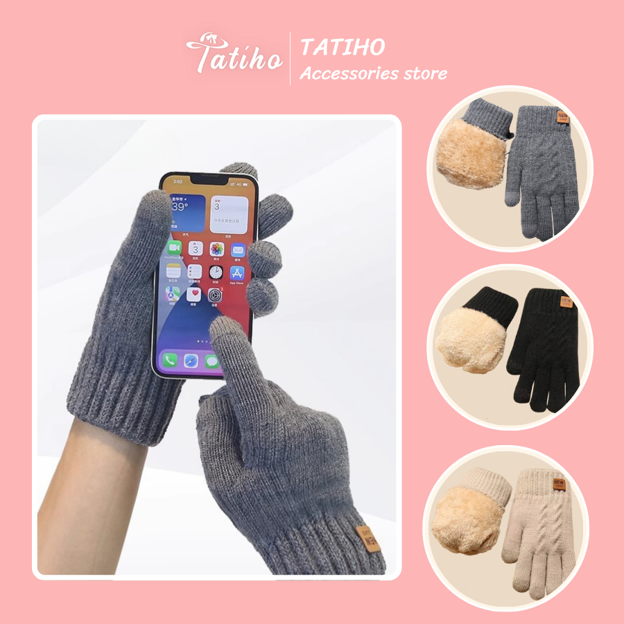 Găng Tay Len Lót Lông Cừu Unisex, Bao Tay Giữ Ấm Đính Tag NEW Cảm Ứng Điện Thoại Thời Trang Mùa Đông - GT058
