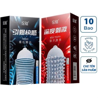 Bao cao su gai, gân Wolf Tooth hộp 10 cái, bcs gân gai siêu mỏng, bcs có gai kéo dài thời gian quan hệ
