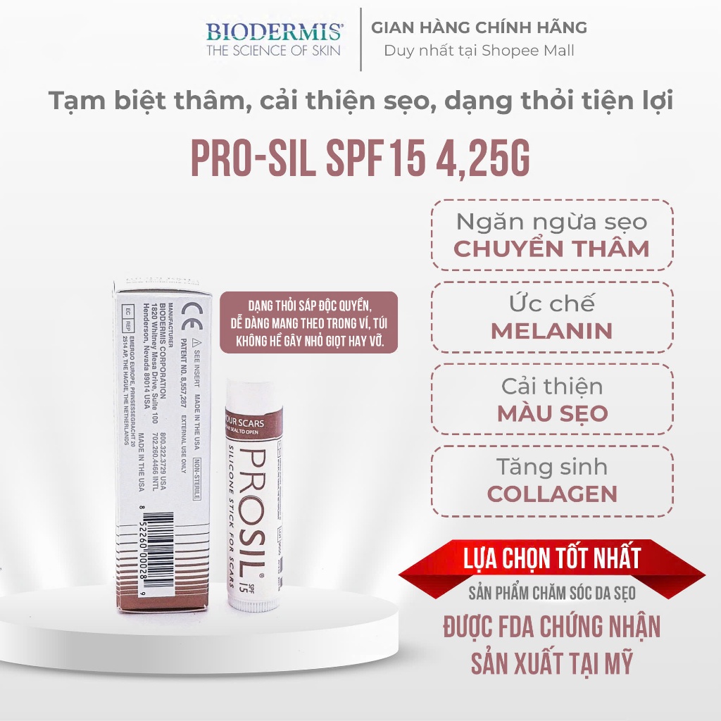 Kem sẹo ProSil Biodermis 100% Silicon Gel 4,25g USA/SPF15+ Giảm thâm sẹo Biodermis Dạng Thỏi Tiện Lợi