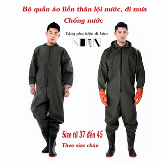  Bộ quần áo lội nước liền thân đi mưa liền ủng cao cấp có mũ đội đầu 