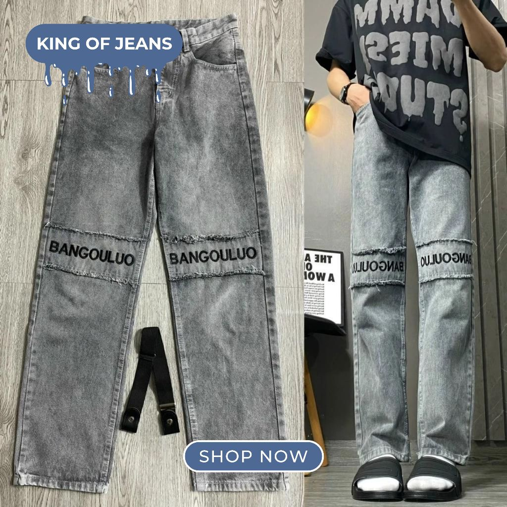 Quần Jean Nam Thêu Chữ Gối BANGOULUO Màu Xám, Quần Jean Baggy Nam Ống Đứng Màu Đen 001 - KOJ