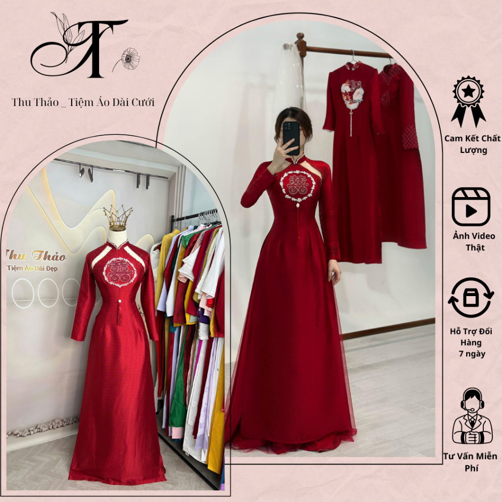 Áo dài cưới cô dâu thiết kế đính kết chữ hỷ kết hợp khoét thân đơn giản sang trọng