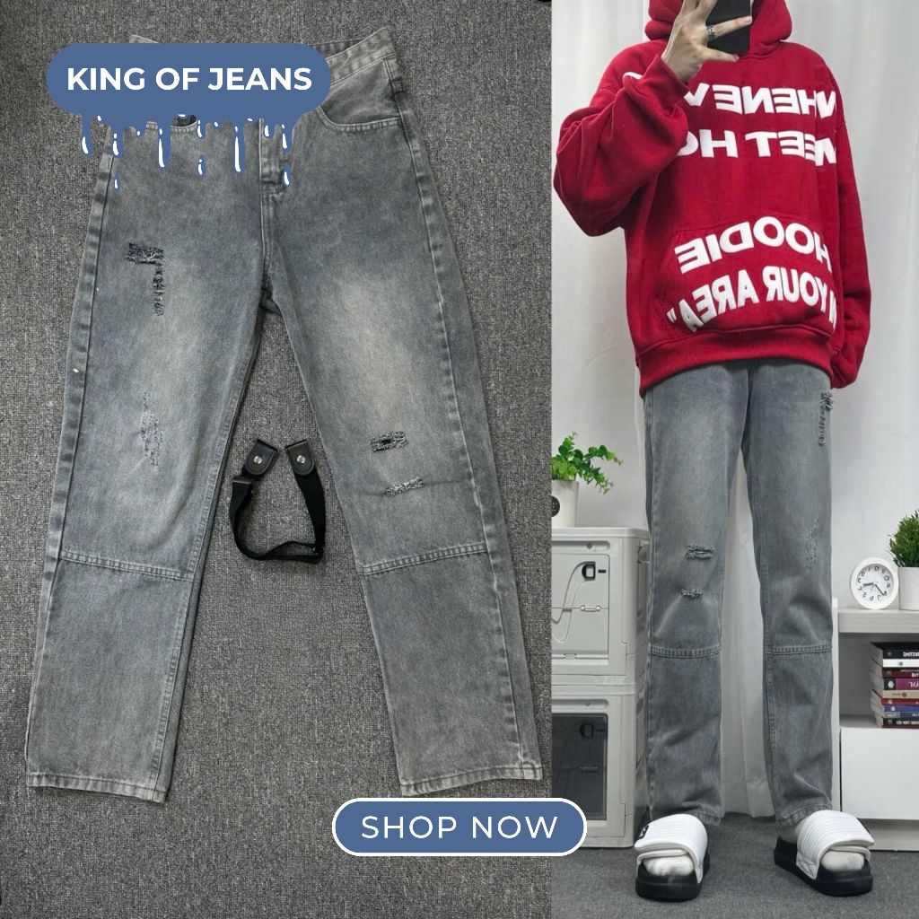 Quần Jean Nam Trơn Basic Màu Xám Ống Đứng, Quần Jean Baggy Nam Rách Gối Đơn Giản 109 - KOJ