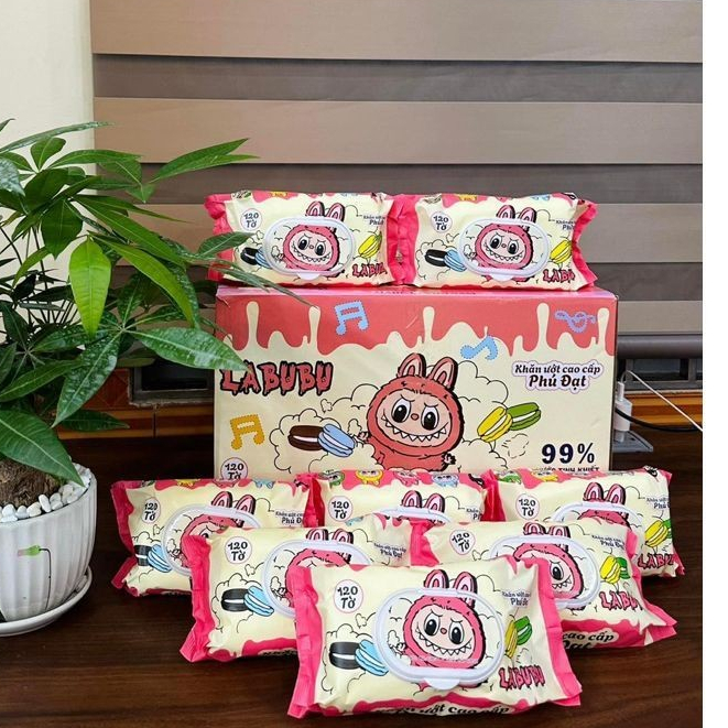 Thùng 32 gói khăn ướt LABUBU 120 tờ PHÚ ĐẠT không mùi an toàn cho da bé