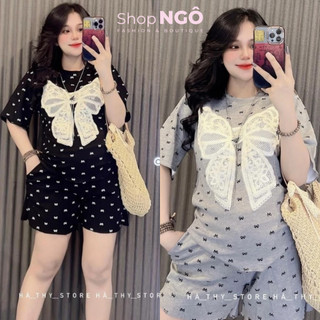 Set bộ đồ nữ chất thun tăm thái đính nơ ren to quần đùi 2 màu siêu xinh dễ thương