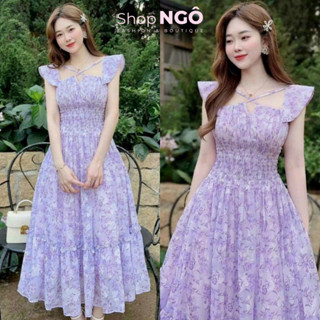  Đầm váy thời trang nữ,đầm voan hoa tím tay cánh tiên dây chéo mocking dáng dài xoè dành cho nàng đi biển.hẹn ho 