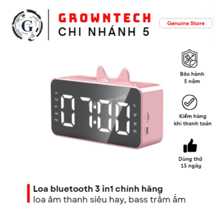 Loa bluetooth nghe nhạc mini đồng hồ GrownTech K12 đa năng đo nhiệt độ phòng, báo thức