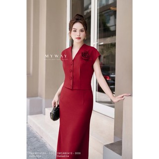  Set Áo Kiểu Và Chân Váy Xòe Nữ MY WAY Cổ Tim Vai Chờm Đính Hoa 3D Cao Cấp 1MAB01412Hw - 1MCAB2413w - DO0 