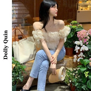 Áo trễ vai nữ tay phồng nhún ngực chất voan tơ 2 lớp màu kem mềm mại bồng bềnh phong cách nữ tính A009 Dolly Quin