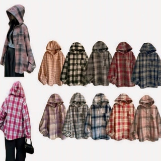 Áo khoác sơ mi kẻ caro flannel chất liệu cotton có nón trùm đầu hót trend thời trang xu hướng 2025.