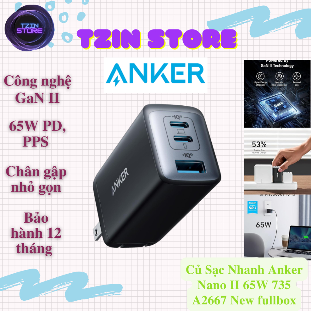 Cốc Sạc nhanh Anker 735 Nano II 65w- A2667 3 cổng PD/IQ 3.0 Bảo hành 12 tháng