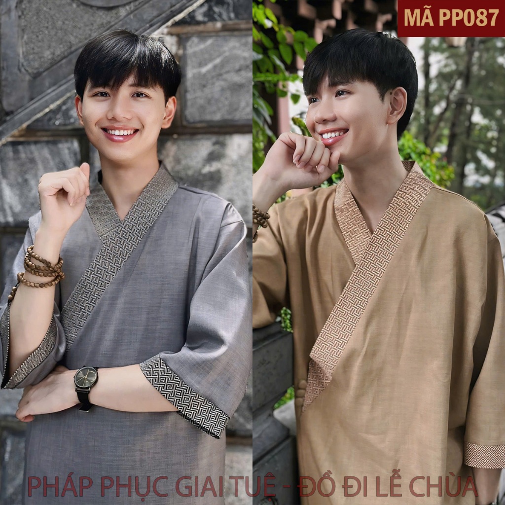 Pháp Phục Lễ Chùa Nam, Mã Pháp Phục Vạt Chéo Phối, Chất Liệu Đũi Nhật, Pháp Phục Đi Chùa, Bộ Lễ Phục Đi Chùa (PP087)