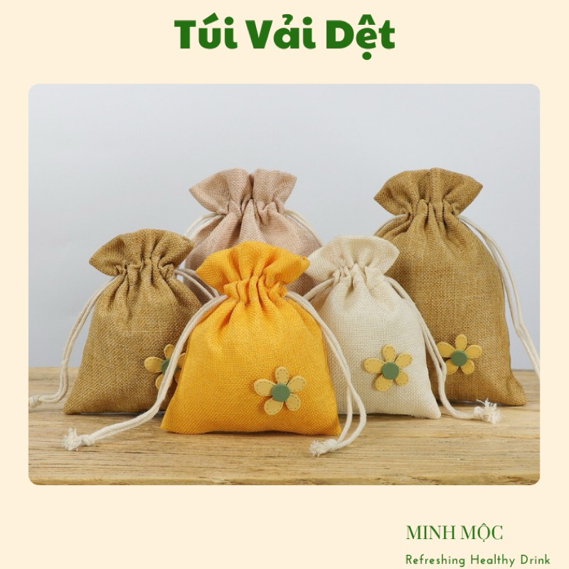 Túi vải bố dây rút đính hoa cúc gỗ đựng cà phê, hoa thơm, quà tặng, đựng đồ lưu niệm