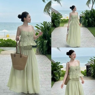 Sét đầm váy nữ áo hai dây đính hoa mix chân váy bo chun eo xòe dài với tone màu nhẹ nhàng dành cho các nàng diện đi biển