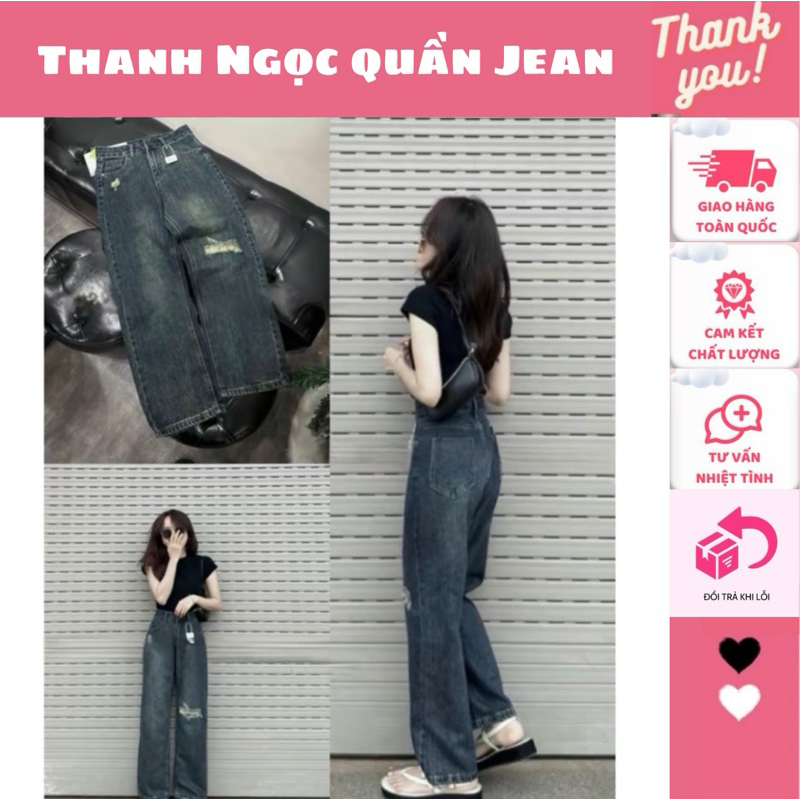 Quần jean lưng cao ống suông phối rách phong cách premium