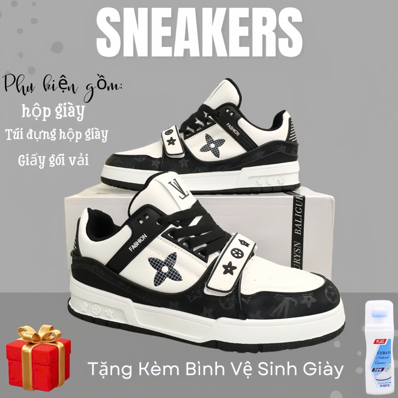 Giày Sneaker Luôn Vui Tươi Đen QCCC ( Tặng Kèm Bình Vệ Sinh Giày Dép ) FULL BOX Phụ Kiện , Giấy Gói Shoes  Đế Bằng