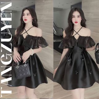 Váy tiểu thư đen trễ vai dây cổ chéo dáng xòe ngắn gắn hoa Tafta Đầm dự tiệc sang trọng cổ yếm bánh bèo T402G MONOKA