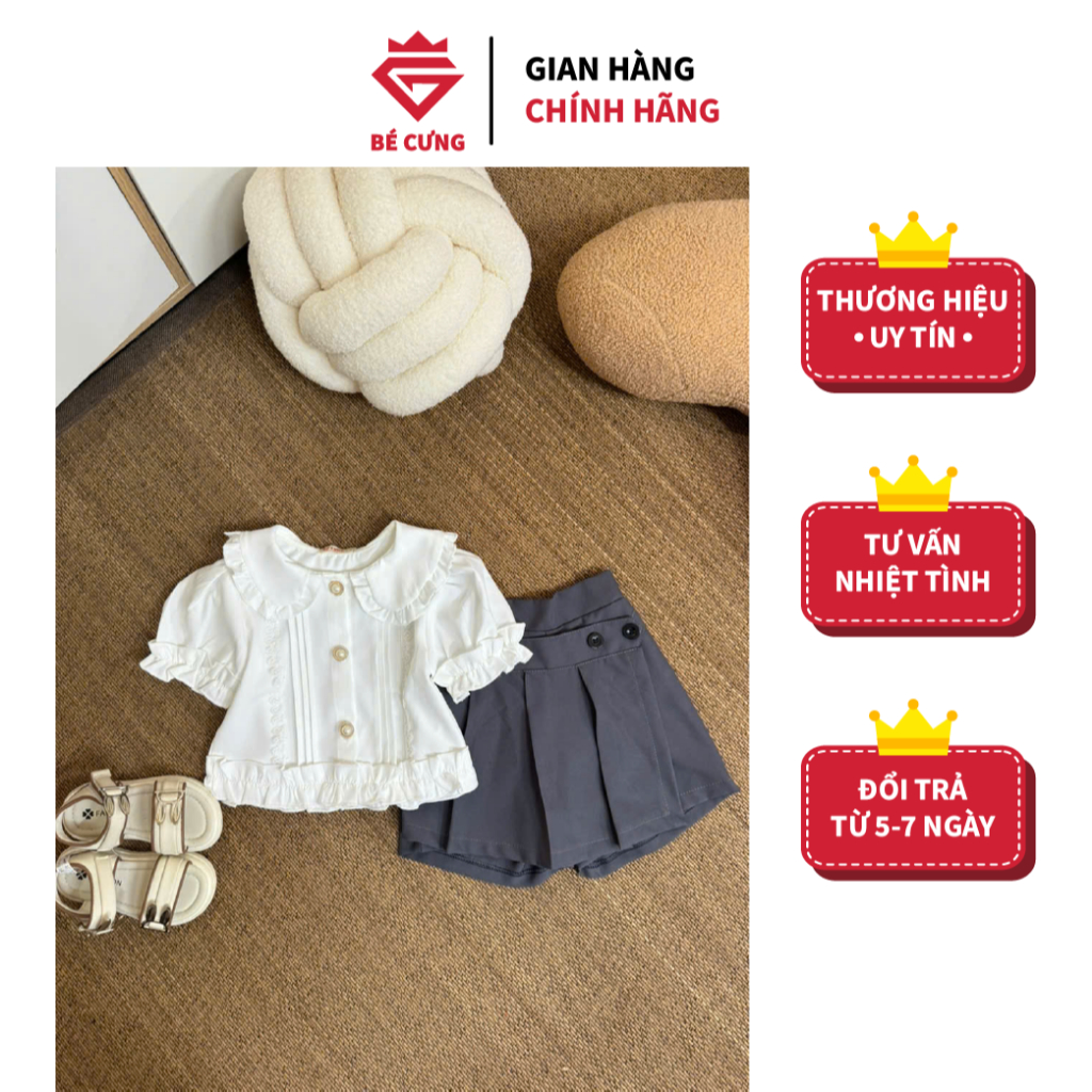 Set Áo Trắng Cổ Bèo Viền Ren Cúc Ngọc Kèm Chân Váy Xám Kiểu BÉ CƯNG Dành Cho Bé Gái - 24G