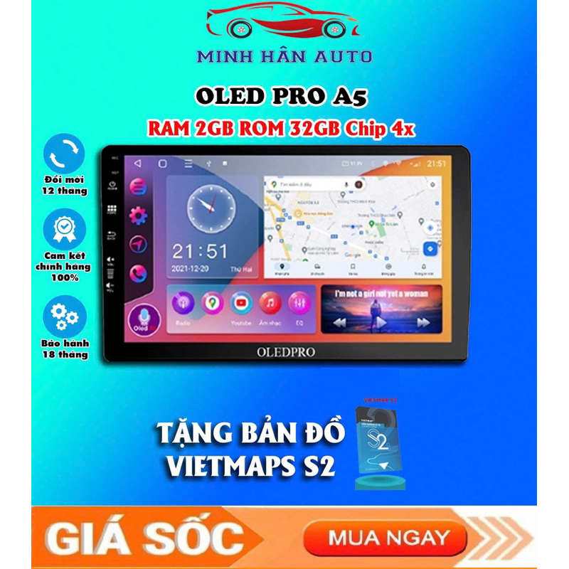 Màn hình dvd android OLEDPRO A5 2G-64G, 8X, lắp sim 4G, 5G thu phát wifi, lướt web tốc độ cao