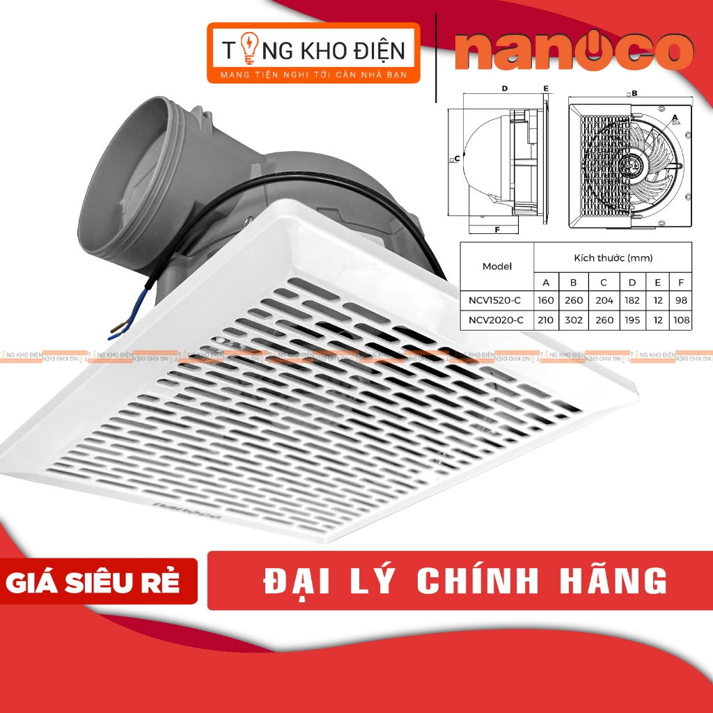 Quạt thông gió âm trần có ống dẫn Nanoco, động cơ dây đồng 100% | NCV1520-C NCV2020-C  [CHÍNH HÃNG]