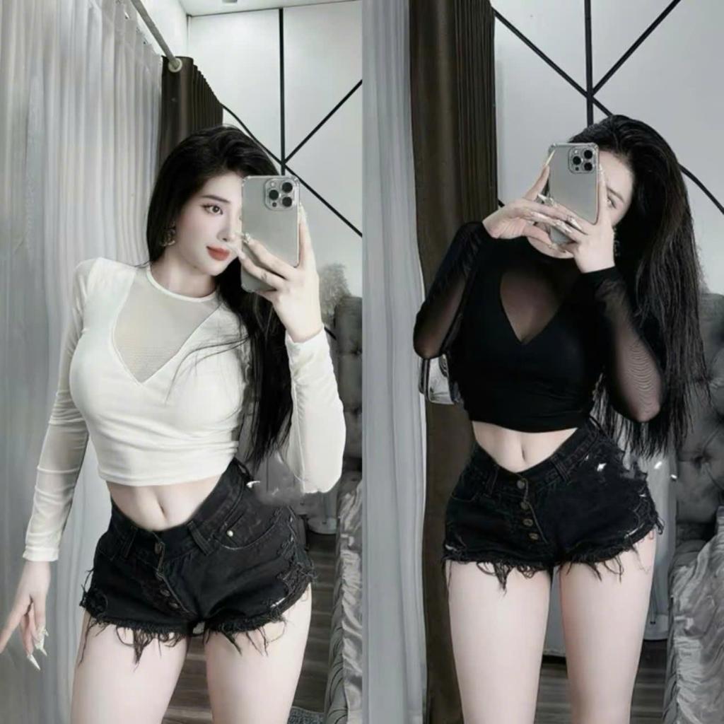 Áo Dài Tay Cổ V Phối Lưới - A336