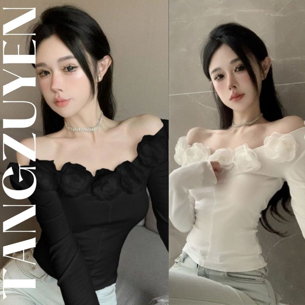 Áo thun trễ vai bèo hoa hồng dài tay ôm body tôn dáng Áo kiểu dài tay hở vai nữ tính bánh bèo trắng đen T507G MONOKA