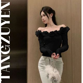 Áo thun trễ vai bèo hoa hồng dài tay ôm body tôn dáng Áo kiểu dài tay hở vai nữ tính bánh bèo trắng đen T507G MONOKA