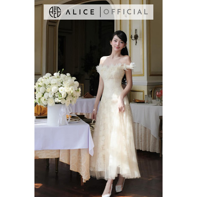 Váy Ren Tiểu Thư Trễ Vai Đính Hoa Nổi Phối Lưới Xòe Bồng ALICE Phong Cách Điệu Đà, Nhẹ Nhàng V1244