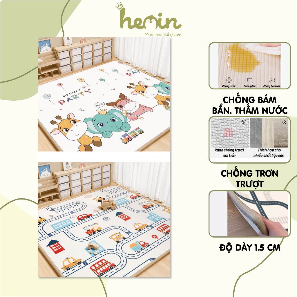 Thảm Cuộn Umoo Cao Cấp Chính Hãng Dày 1,5cm, Bề Mặt Chống Nước, Chống Trơn Trượt An Toàn Cho Bé Từ 0 Đến 6 Tuổi