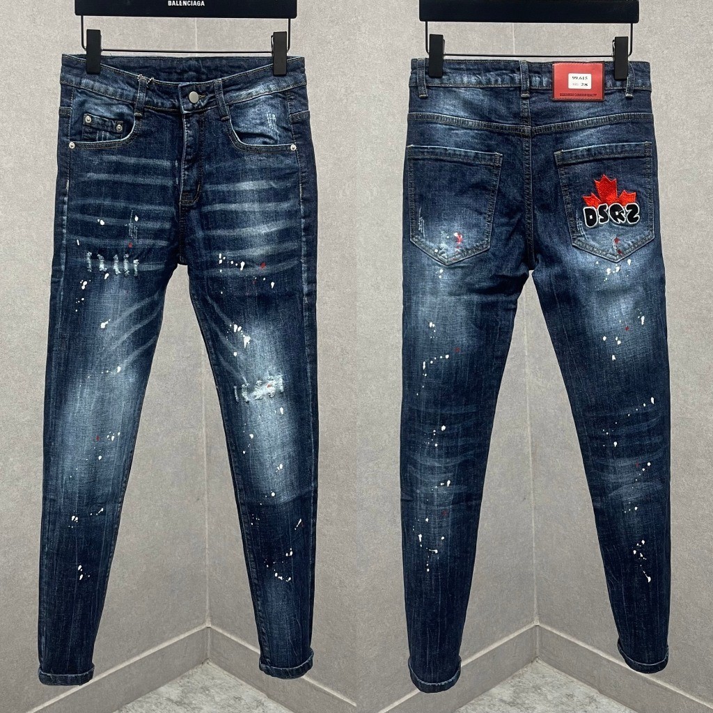 Quần Jean Xanh DSQ2 Lá Phong Mẫu Mới DSQUARED D2 Vẩy Sơn Xanh Sáng Phối Loang Chất Co Giãn