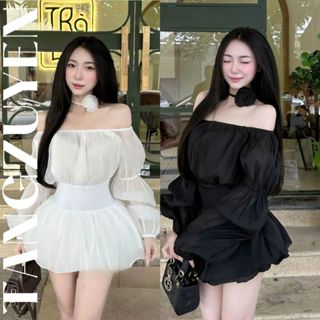 Váy áo trễ vai tay bồng loe dáng bí ngô phồng + quần đùi ngắn bồng + dây hoa đeo cổ choker Set đồ nữ đầm tiểu thư T506G